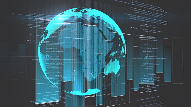 Holographic Earth graphic with graphs in the backgrounds